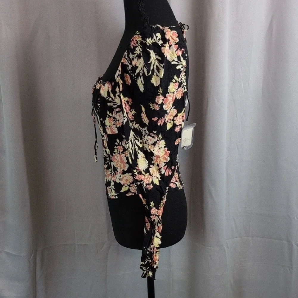 Free People Hillary Floral‎ Puff Sleeve Smocked Corset Crop Top SZ S MSRP 98 New